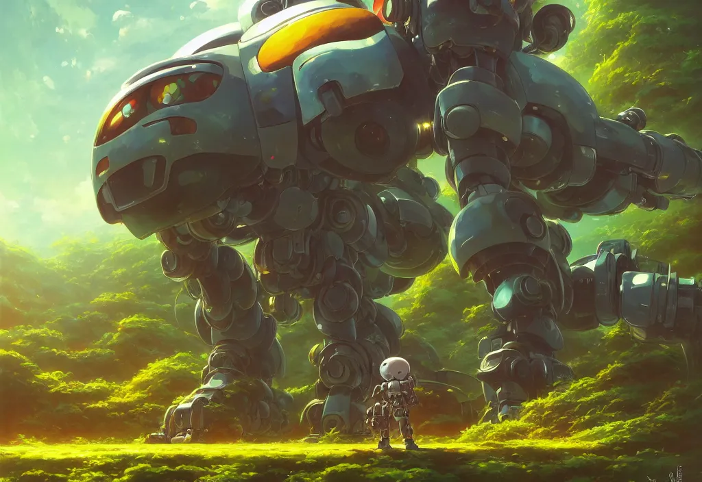 Image similar to a lonely small chubby mecha in an alien jungle, intricate oil painting, high detail illustration, sharp high detail, manga and anime 1 9 9 9, official fanart behance hd artstation by jesper ejsing and makoto shinkai, 4 k,