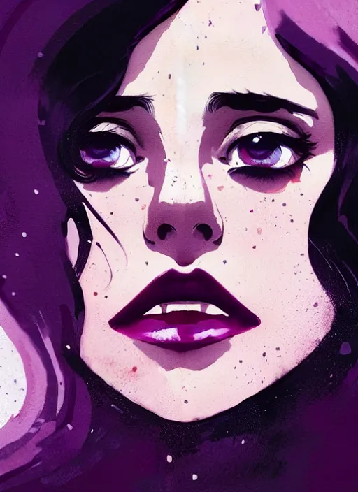 Image similar to highly detailed closeup portrait of beautiful carly chaikin as darlene alderson, wavy black hair, by atey ghailan, by greg rutkowski, by greg tocchini, by james gilleard, by joe fenton, by kaethe butcher, gradient purple, black and white color scheme, grunge aesthetic!!! ( ( graffiti tag wall background ) )