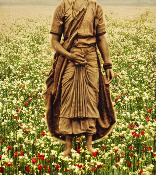 Image similar to mystical hindu god standing in tall meadow of flowers, distant, ww1 film photo, grainy, high detail, high resolution