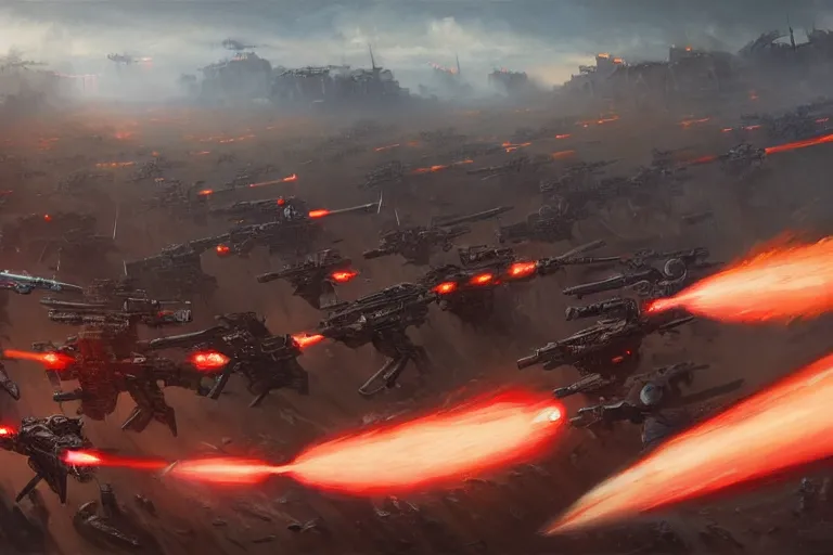 Prompt: grim oil painting of weaponized high technology battlefield in a village magali villeneuve, trending on artstation