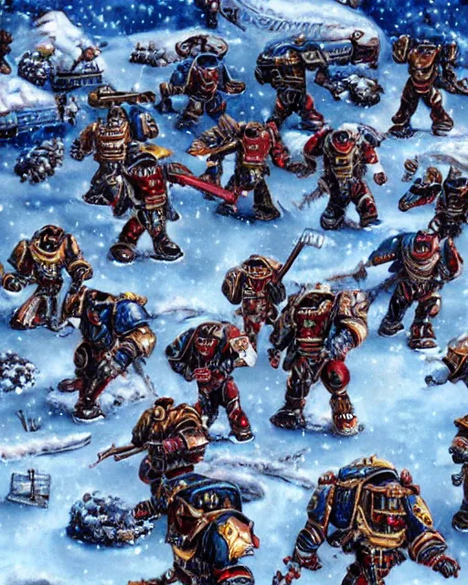 Prompt: postcard showing 'realistic warhammer space marines frollicking in the snow at christmas' laying on coffee table, zoomed out, HD, iphone capture