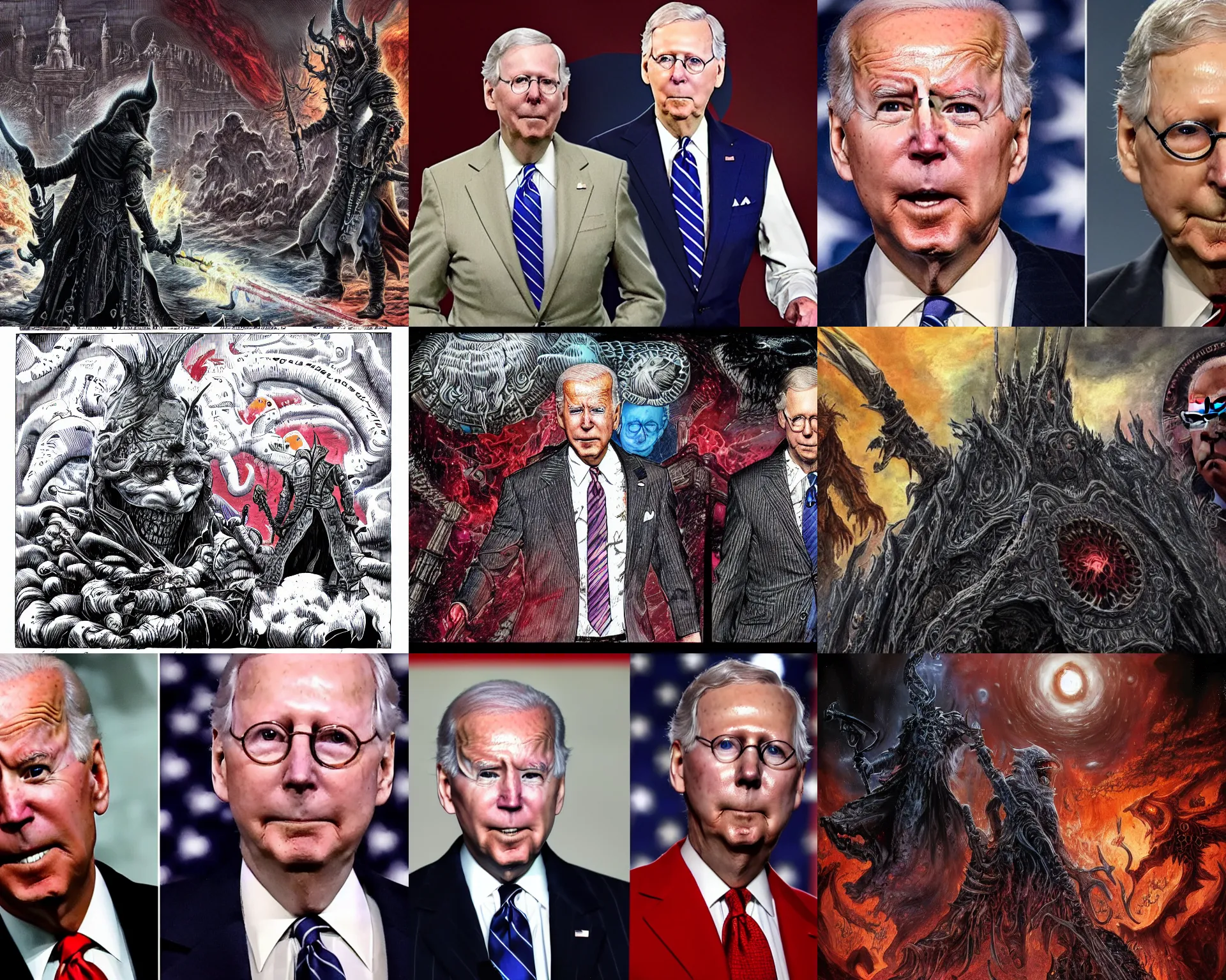 Prompt: Joe Biden's final battle with Mitch McConnell at the end of the universe, Evil, chaos, ornate, horror, detailed, bloodborne, colorful