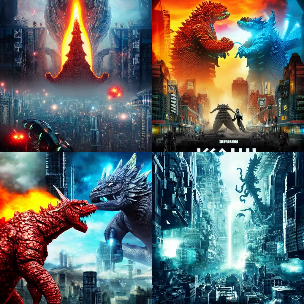 Prompt: kaiju battle, futuristic city, cinematic, detailed, movie poster