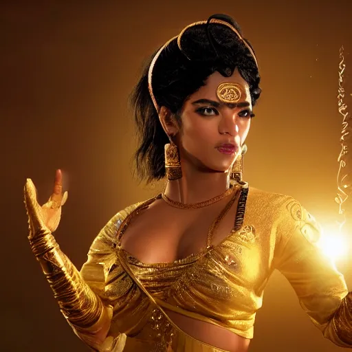 Prompt: aesthetic!!!!!! Female genie in Arabic clothing, black skin, long black hair, gold tint, frontal pose, cinematic lighting, silk, fabric, full-length view, film still by Micheal Bay, 8K, symmetrical balance, in-frame, depth of field, vibrant.