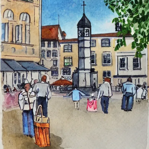 Image similar to town square with a market day, small white edwardian clocktower in background, water colour, illustration,