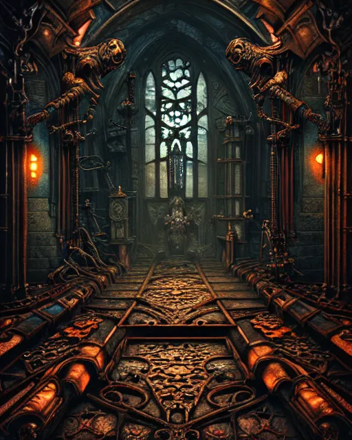 Image similar to steam necropolis, memento mori, gothic, neo - gothic, art nouveau, hyperdetailed copper patina medieval icon, stefan morrell, philippe druillet, ralph mcquarrie, concept art, steampunk, unreal engine, detailed intricate environment, octane render, moody atmospherics, volumetric lighting, ultrasharp, ominous, otherworldly