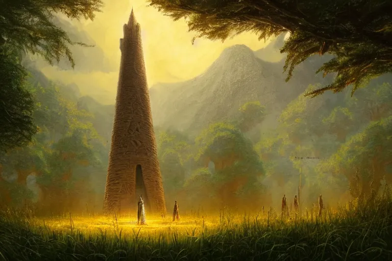 Image similar to a wizard's tower standing alone in a circle of trees, meadow, plains, wizard tower, golden runes, golden hieroglyphs, fantasy, artwork by Marc Simonetti, artwork by Ted Nasmith, Ted Nasmith and Marc Simonetti, 8K, D&D concept art, D&D wallpaper