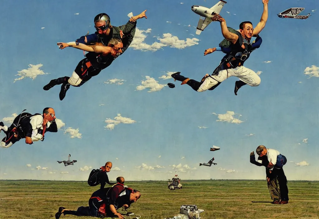 Prompt: benjamin netanyahu skydiving, plane and parachute in background, by norman rockwell, highly detailed