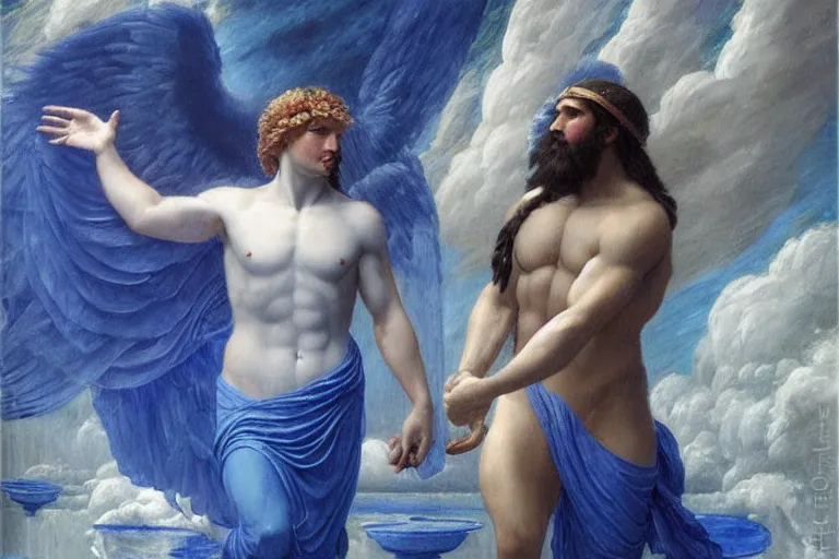 Prompt: beautiful oil painting of the god Zeus transforming into an animal, toga, symmetrical face, magical, blue mist, Greek myth, by John William Godward and Anna Dittman, masterpiece