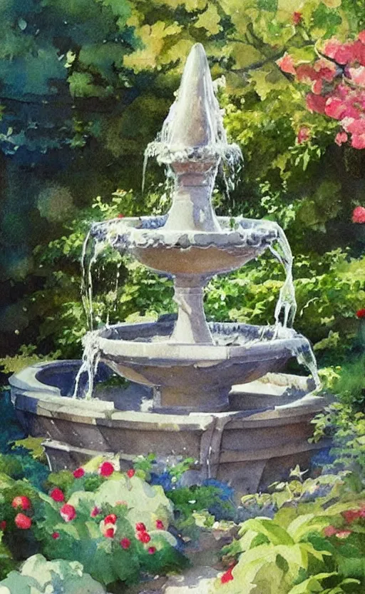 Prompt: concept art of a magical fountain in a garden, pinterest, artstation trending, behance, watercolor, by coby whitmore, silver, laser light,