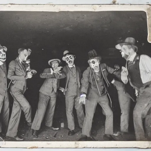 Image similar to old tin plate photograph of clowns throwing an after party at an abandoned Tivoli, realistic, absurd