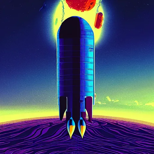 Image similar to A rocketship about to land on an unfamiliar planet, super cool rocket, Acrylic Paint, Concept Art, Digital Art, 16-bit RGB, Global Illumination, by Kilian Eng, by Yoshitaka Amano