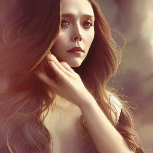 Image similar to ultra realistic illustration, elizabeth olsen, intricate, elegant, highly detailed, digital painting, artstation, concept art, smooth, sharp focus, illustration, art by artgerm and greg rutkowski and alphonse mucha