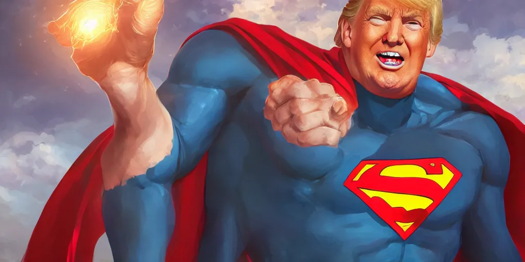 Prompt: donald trump as superman, studio portrait, detailed face, art by makoto shinkai, studio ghibli, greg rutkowski, wlop, artgerm, highly detailed, 4 k, digital art, high quality