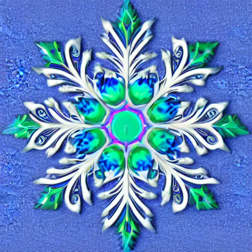 Prompt: peacock as a snowflake, 3 d model, blue, black background