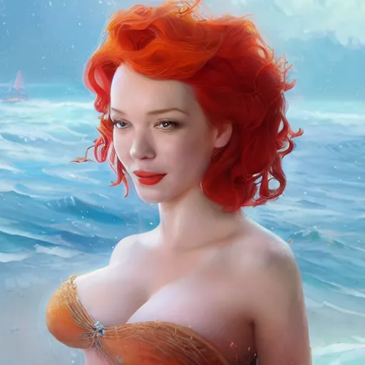 Image similar to Christina Hendricks as the little mermaid by Stanley Artgerm Lau, WLOP, James Jean, Andrei Riabovitchev, Marc Simonetti, Yoshitaka Amano, ArtStation, CGSociety