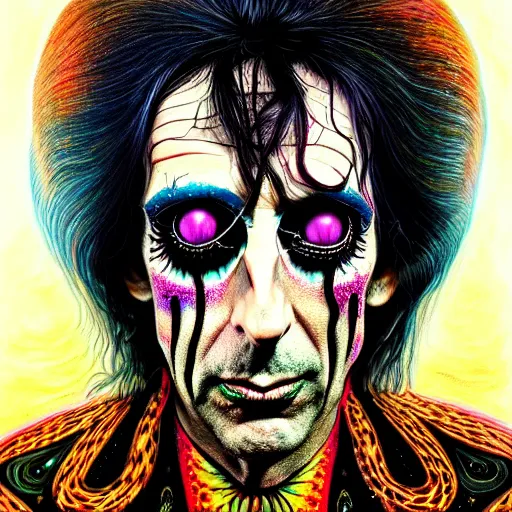 Image similar to An extremely psychedelic portrait of Alice Cooper, surreal, LSD, face, detailed, intricate, elegant, lithe, highly detailed, digital painting, artstation, concept art, smooth, sharp focus, illustration