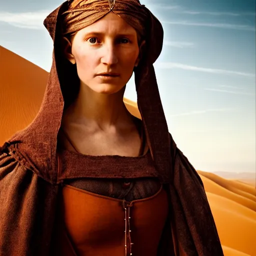 Prompt: photographic portrait of a stunningly beautiful middle ages renaissance female in strong sunlight in the atacama desert, contemporary fashion shoot, by edward robert hughes, annie leibovitz and steve mccurry, david lazar, jimmy nelsson, breathtaking, 8 k resolution, extremely detailed, beautiful, establishing shot, artistic, hyperrealistic, beautiful face, octane render
