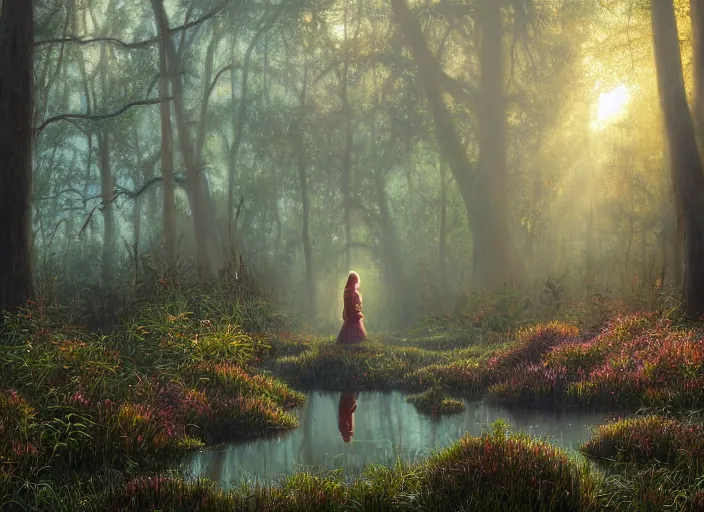 Image similar to misty swamp in early morning, hazy fog, sundown golden hour, firefly wisps, sun rays through trees, Lilia Alvarado, Sophie Anderson, Mark Arian, Bob Byerley, Charlie Bowater, Mark Brooks, Steve Henderson, Justin Gerard, Arthur Hughes, Edward Robert Hughes, Mark Keathley, Victor Nizovtsev, Carlos Shwabe, Ross Tran, WLOP