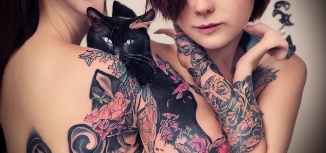 Image similar to a beautiful cat girl with tattoo photorealism bokeh