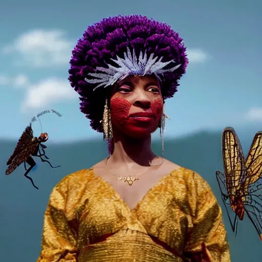 Image similar to over-shoulder film still of an african-american woman with short grey hair, a headdress made of red fern-leaf peony, wearing a black lace mask and gold dangly earrings, purple lipstick, speaking to a giant dragonfly from the adventure movie Life of Pi (2012) directed by Ang Lee and shot by Claudio Miranda
