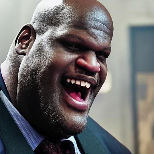 Image similar to cinematic close - up film still of shaquille o ’ neal as the joker in gotham city