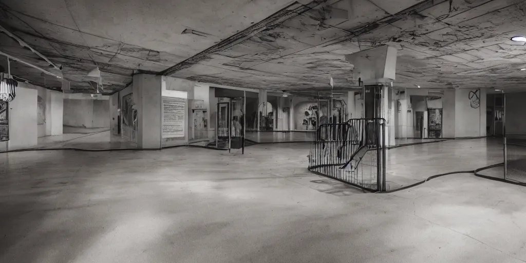 Prompt: a photograph of liminal space weird mall playground house hall way houseplants place with something but empty, interior, unsettling, normal place with weird feeling, liminal space aesthetic, dark scene with flash