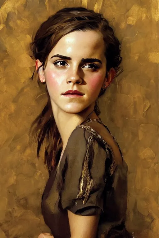 Prompt: emma watson detailed portrait painting by gaston bussiere craig mullins j. c. leyendecker