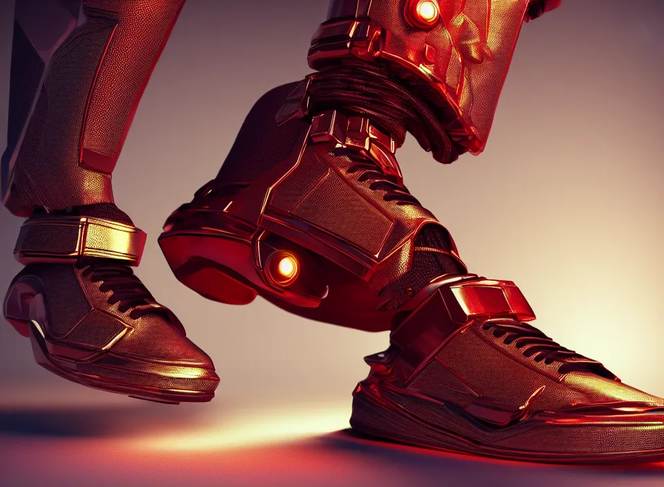 Image similar to realistic 3 d render of a cyberpunk android sneaker, beautiful studio lighting, soft, sharp focus, neon cyberpunk highlights, intricate detail, gold and red accents, soft rubber, octane render, side view, close up, trending on artstation, deviantart, moebius, lloyd wright, feng zhu