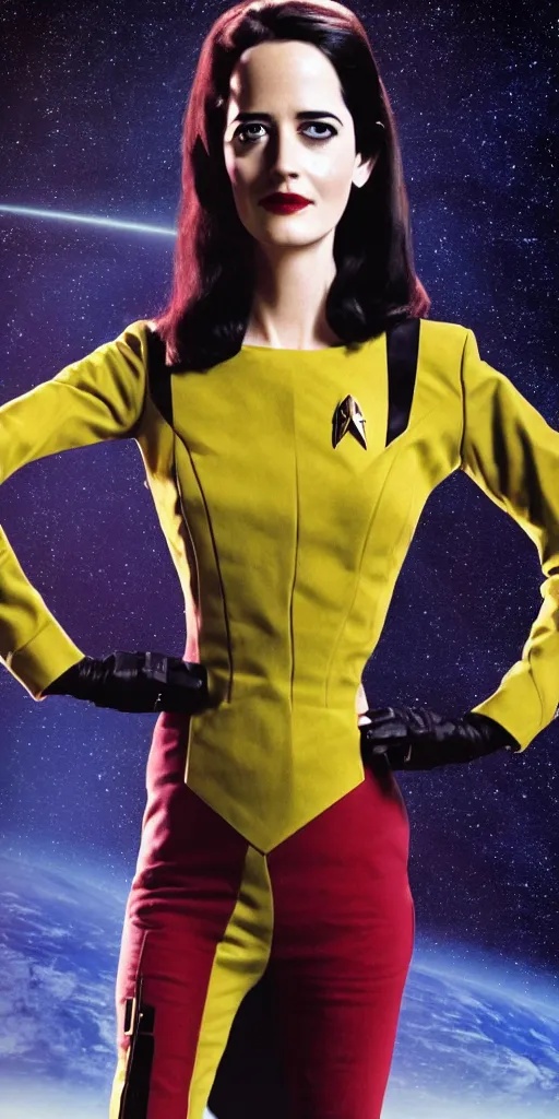 Image similar to a full body photograph of 3 0 year old eva green as a star fleet officer from star trek next generation, ultra rendered, extreme realism and detail, 8 k, highly detailed, realistic, completely framed, hyper realistic, colorful, direct lighting, 3 5 mm photo, photorealistic, sharp focus