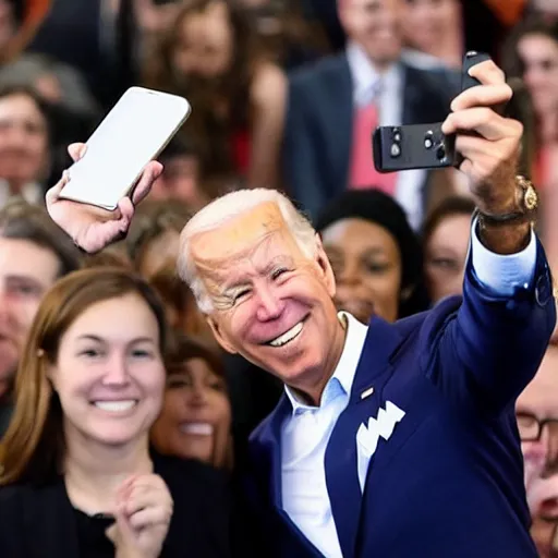 Image similar to joe biden taking a selfie whilest looking at the camera with a confused glance and a crowd of people behind him.