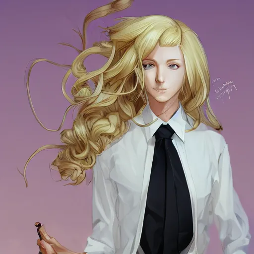 Image similar to Lucius as a beautiful androgynous blond man, white dress shirt and black miniskirt stockings heels, fluffy long curly blond hair, 4k digital illustration by Artgerm, wlop, James Jean, Andrei Riabovitchev, Marc Simonetti, yoshitaka Amano, Artstation, CGsociety