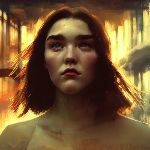 Image similar to florence pugh, hyperrealistic portrait, bladerunner street, art of elysium by jeremy mann and alphonse mucha, fantasy art, photo realistic, dynamic lighting, artstation, poster, volumetric lighting, very detailed face, 4 k, award winning