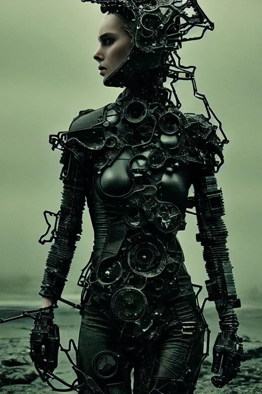 Prompt: mystic landscape, abstract black leather, gear mecha, beautiful woman body, detailed acrylic, grunge, intricate complexity, photo by greg rutkowski, high fashion, and by alberto giacometti, peter lindbergh