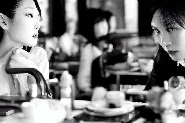 Image similar to movie interior closeup beautiful Chinese fashion model couple closeup joking at 50s diner, night in the city, beautiful skin, by Emmanuel Lubezki