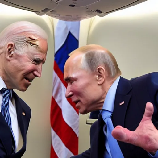 Prompt: Biden bodybuilder throws Putin into the mouth of the volcano from the plane