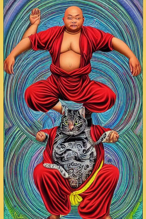 Image similar to obese tabby cat shaolin monk by alex grey, full body, extremely detailed