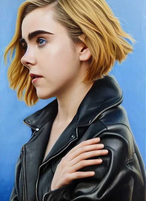 Image similar to portrait of kiernan shipka in the rain wearing a leather jacket, hyperrealistic, very detailed painting mark brooks