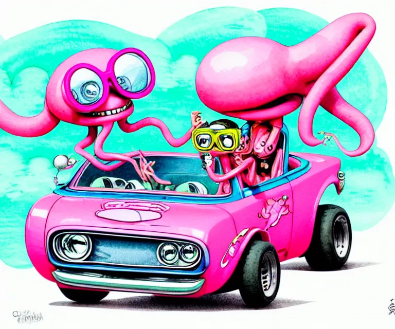 Image similar to cute and funny, pink colored squid wearing goggles riding in a tiny hot rod with oversized engine, ratfink style by ed roth, centered award winning watercolor pen illustration, isometric illustration by chihiro iwasaki, edited by range murata, tiny details by artgerm and watercolor girl, symmetrically isometrically centered