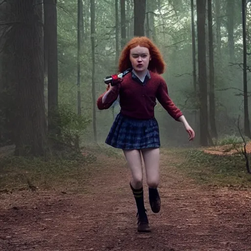 Image similar to Sadie Sink (Maxine Mayfield) for Stranger Things holding a gun and running in a forest, dramatic lighting, cinematic, establishing shot, extremely high detail, photo realistic, cinematic lighting