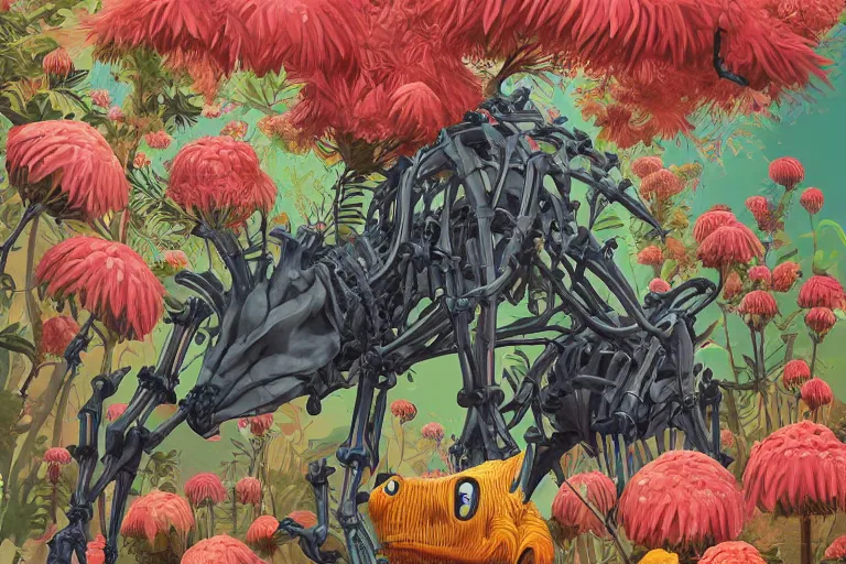 Image similar to 2 d gouache illustration, a lot of exotic vegetation, trees, tremendous skeletal robotic ancient gigantic cat, flowers, oldschool vintage sci - fi flat surreal design, super - detailed, painting by satoshi kon, hd, 4 k, high quality