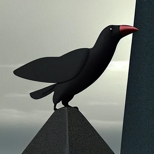 Image similar to a giant crow with a round body short legs and large black beak sitting in a black stone obelisk, photorealistic computer animation, film by Jon Favreau