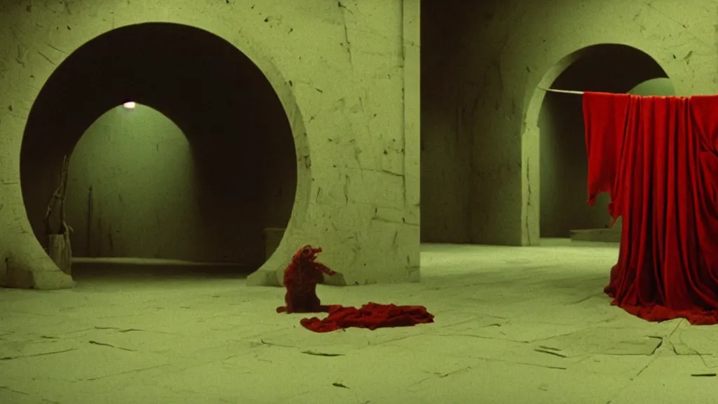 Prompt: a strange creature claws it’s way out of a spool of cloth in an Italian fabric store, film still from the movie directed by Denis Villeneuve with art direction by Zdzisław Beksiński, wide lens