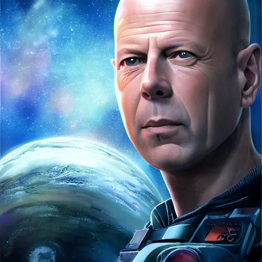 Image similar to bruce willis as a space explorer, by yuumei, bayard wu, wlop, tim white, ross tran, photorealistic, 4 k