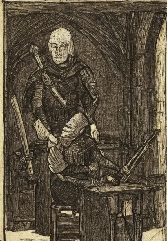 Prompt: [Medieval templar sitting on a desk watching youtube on a computer in a little dark room, illustration, sharp, focus, high quality, smooth]