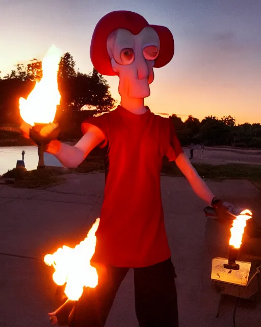 Image similar to photograph, squidward wearing fire nation clothing and practicing firebending outside at susnset