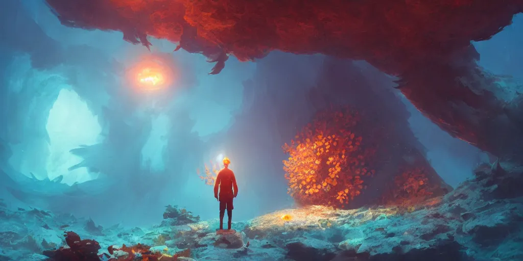 Prompt: portrait of a pentagonal giant orange starfish, underwater crystal coral caverns background, fantasy gorgeous lighting, movie composition, octane render, art by greg rutkowski