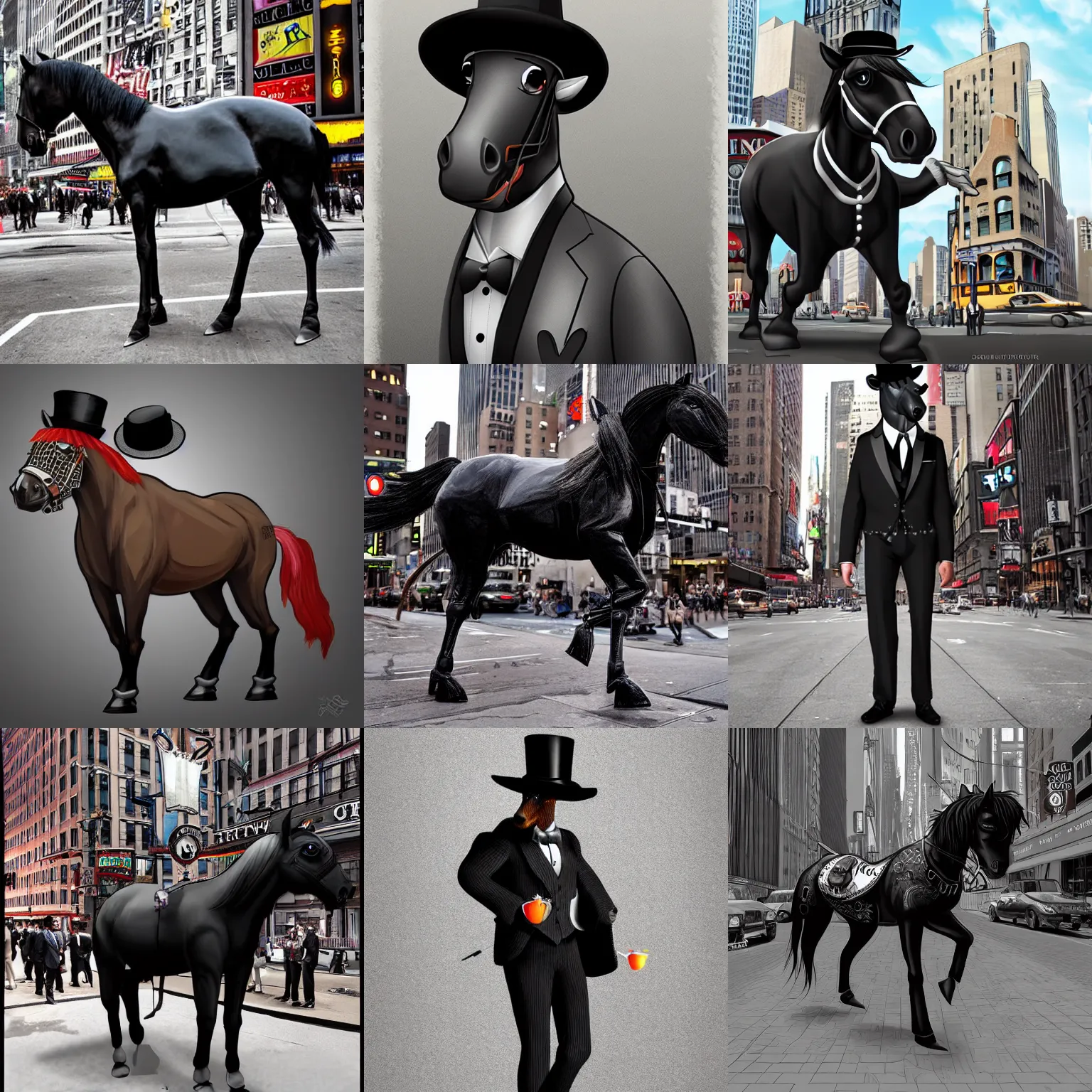 Prompt: a gangster horse wearing a tuxedo and bowler hat in downtown new york. trending on artstation, highly detailed award - winning digital art