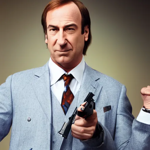 Image similar to a medium shot photo of saul goodman extremely happy to have a pistol in his hand,8k, DSLR, highly detailed skin, highly detailed hands
