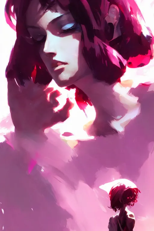 Image similar to A beautiful woman with professional makeup, with shoulder length mid-length magenta hair, volumetric lighting, dramatic atmosphere, by Dustin Nguyen, Akihiko Yoshida, Greg Tocchini, Greg Rutkowski, Cliff Chiang, 4k resolution, trending on artstation